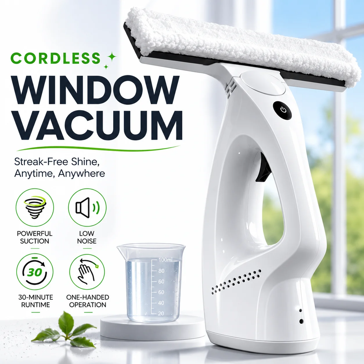 

Cordless Electric Window Vacuum Squeegee, 2000Pa Powerful Suction with Water Collection Tank, Rechargeable Window Cleaner Tool