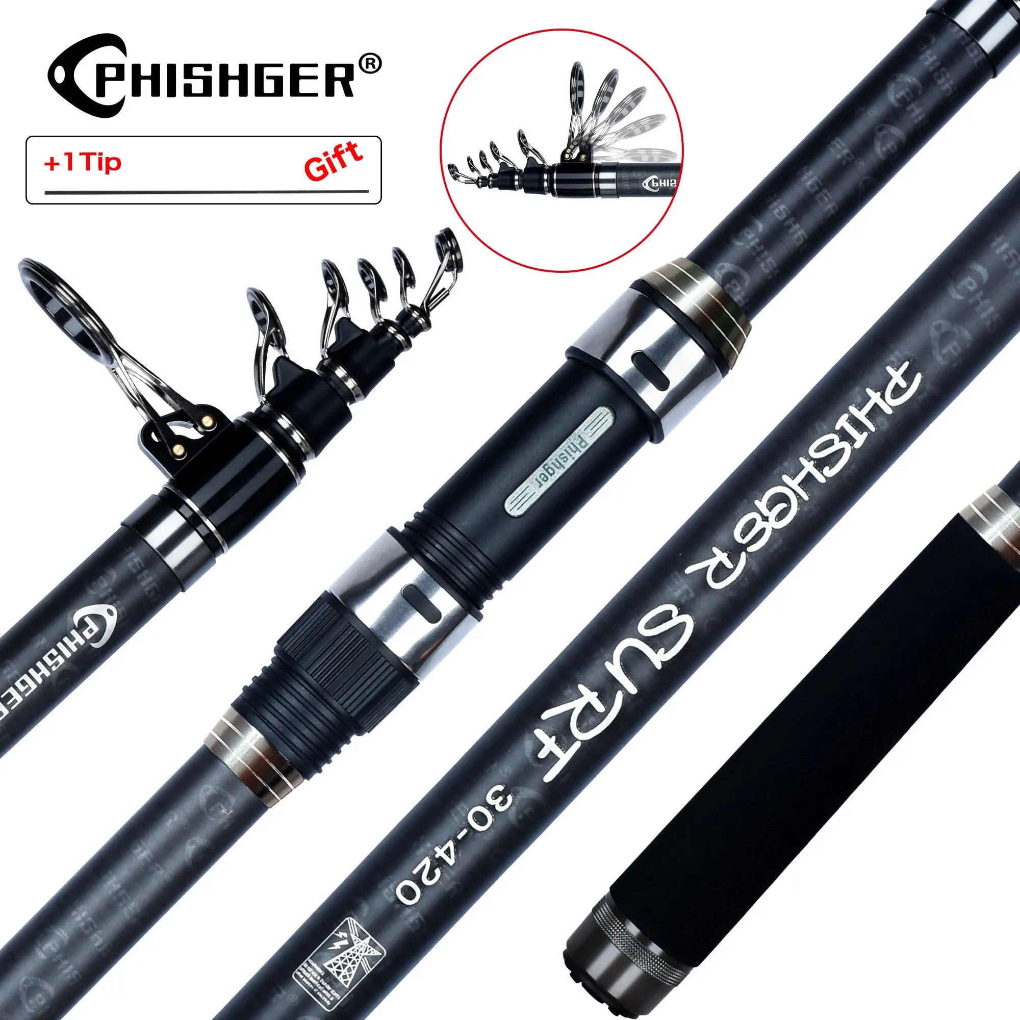 PHISHGER Telescopic Surf Spinning Rod 3.6/4.2/4.5m Power80-150g 30T Carbon Travel Surfcasting Shore Casting Biutifu Fishing Pole