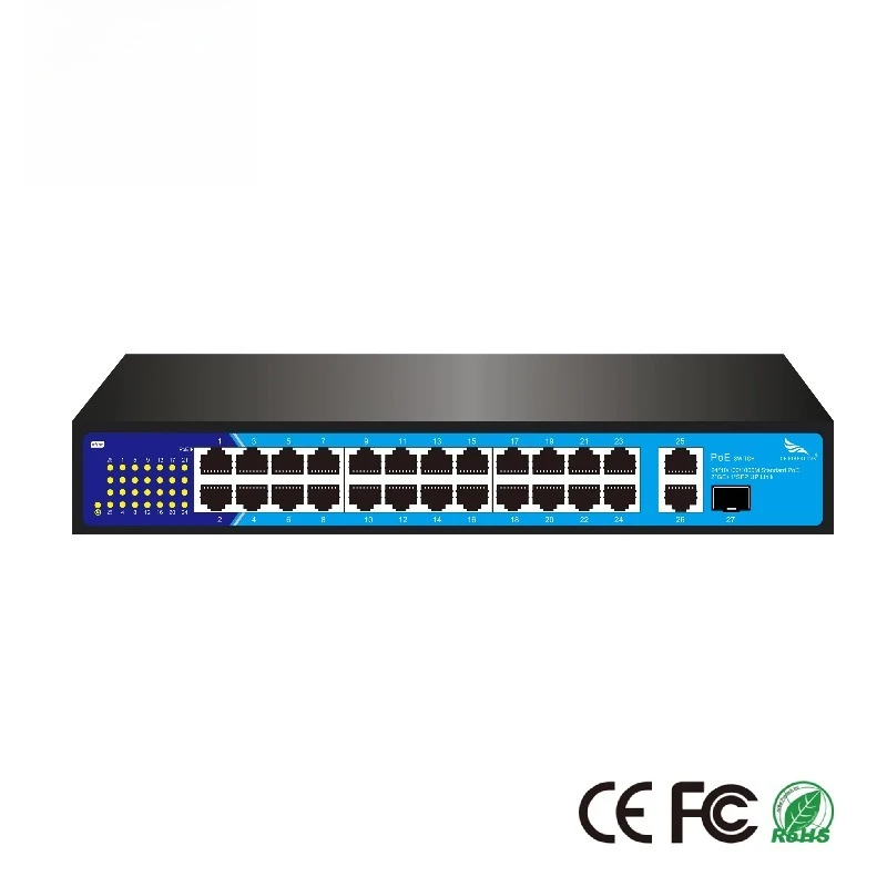 24+2+1 Gigabit 27 Port PoE Network Switch Supports IEEE802.3af/at Standard 52V/5.76A 360W Single Port Maximum Power 30W
