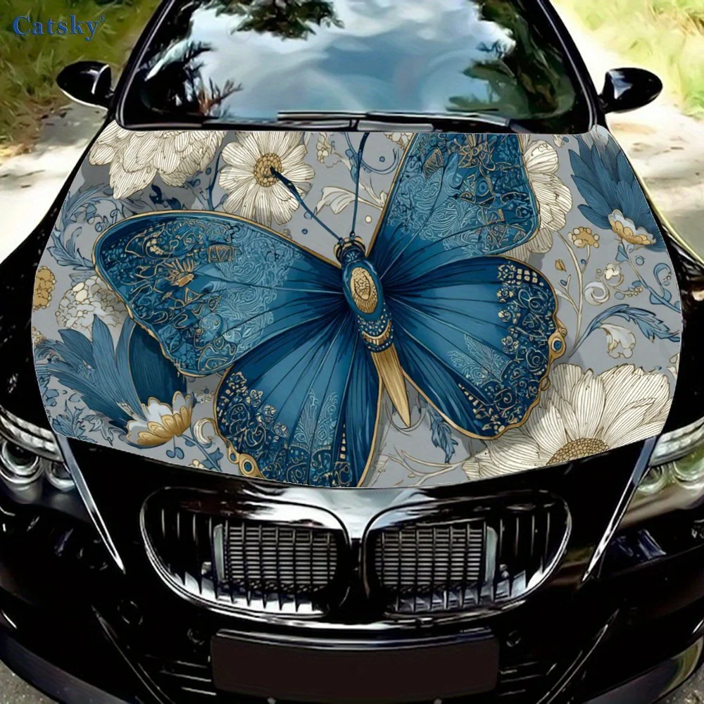

Floral Blue Butterfly Car Vinyl Wrap, PVC Waterproof Car Hood Sticker, Self-Adhesive Scratch-Resistant Stickers for Engine Cover