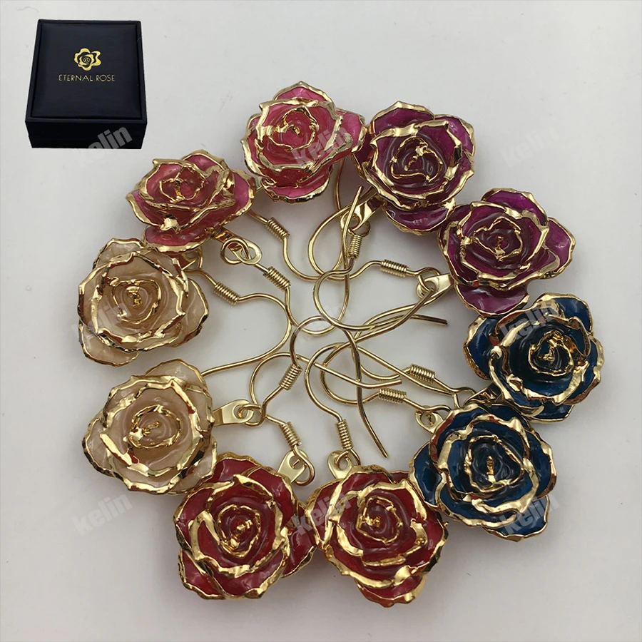 

24K Gold Plated Natural Preserved Red Rose Earrings Flower jewelry for Wedding Guest Gifts and Valentines Mother Day Gift