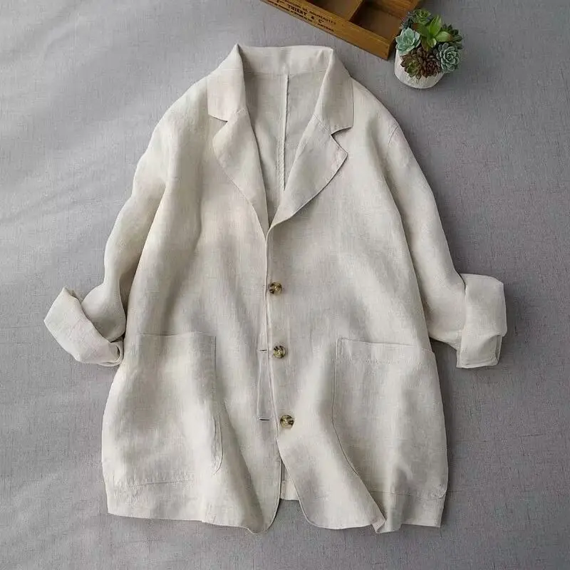 2024 New Arrival Spring Autumn Women Loose Fit Casual Long Sleeve Single Breasted Notched Collar Cotton Linen Coats P17