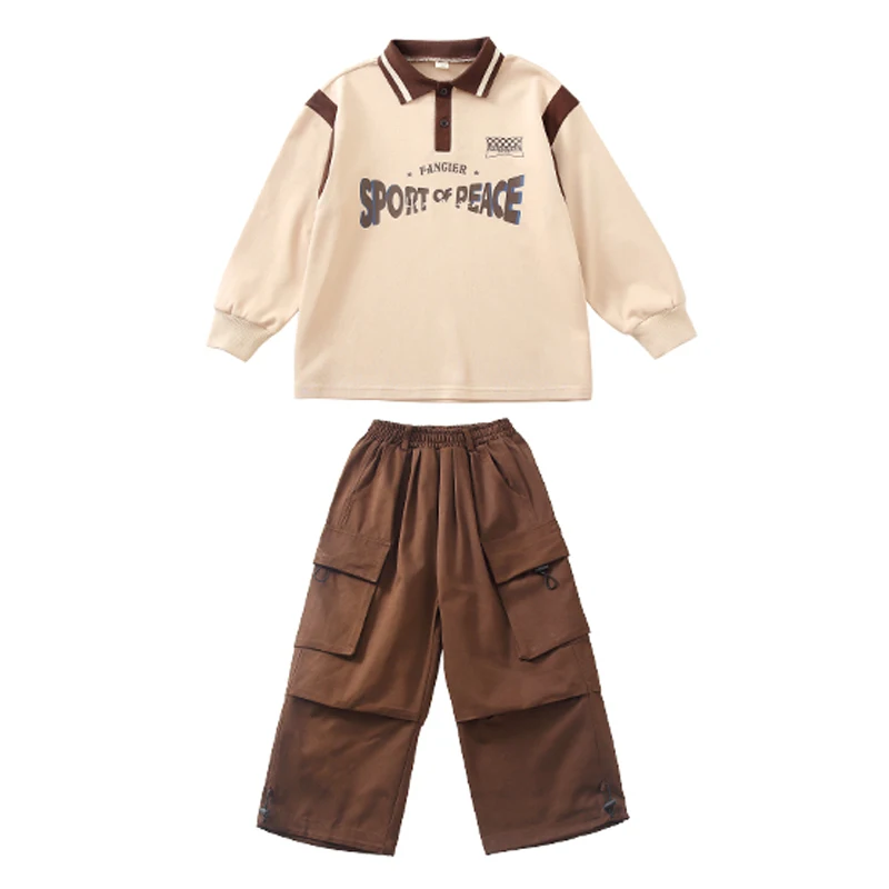 Kids Hip Hop Costume Boys Street Dance Long Sleeves Tops Brown Cargo Pants Girls Jazz Dance Outfit Performance Clothing BL11476