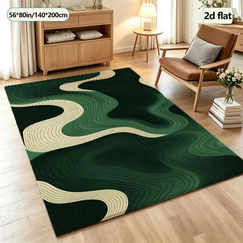 Green and Beige Abstract Wave Line Carpet Modern Square Carpet Suitable for Living Room, Bedroom, Home Interior Decoration