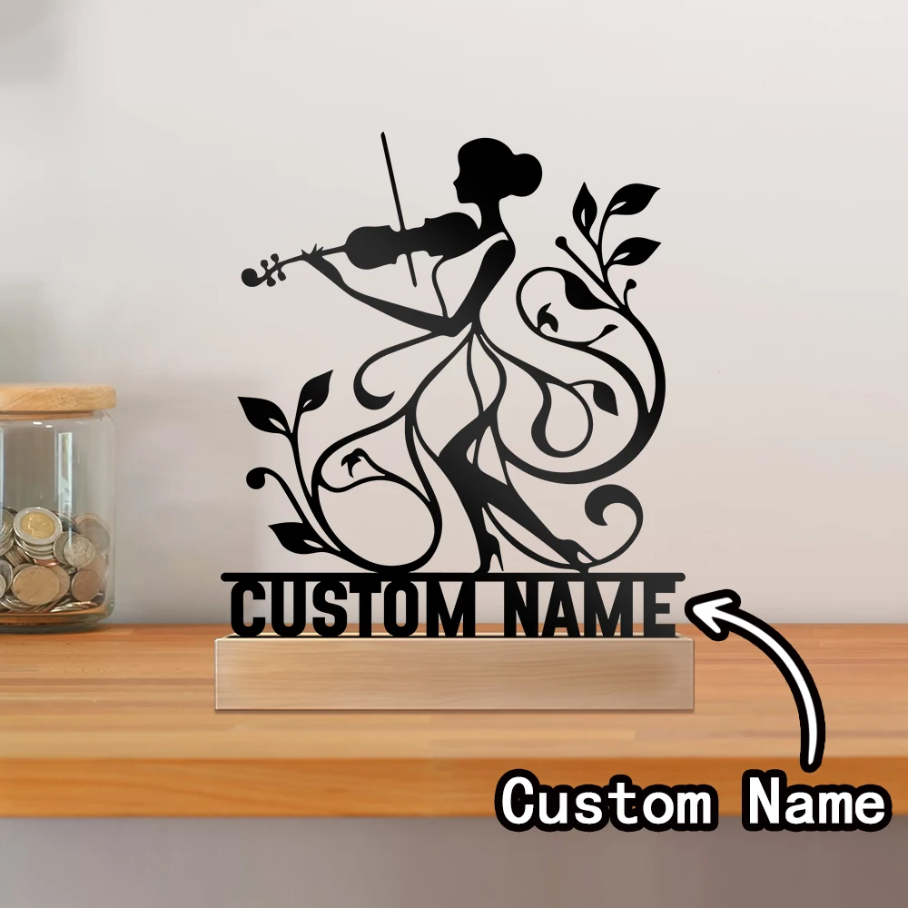 1pc Fashion Violin Customized Text Handicraft With Wood Base Metal Statue Bedroom Table