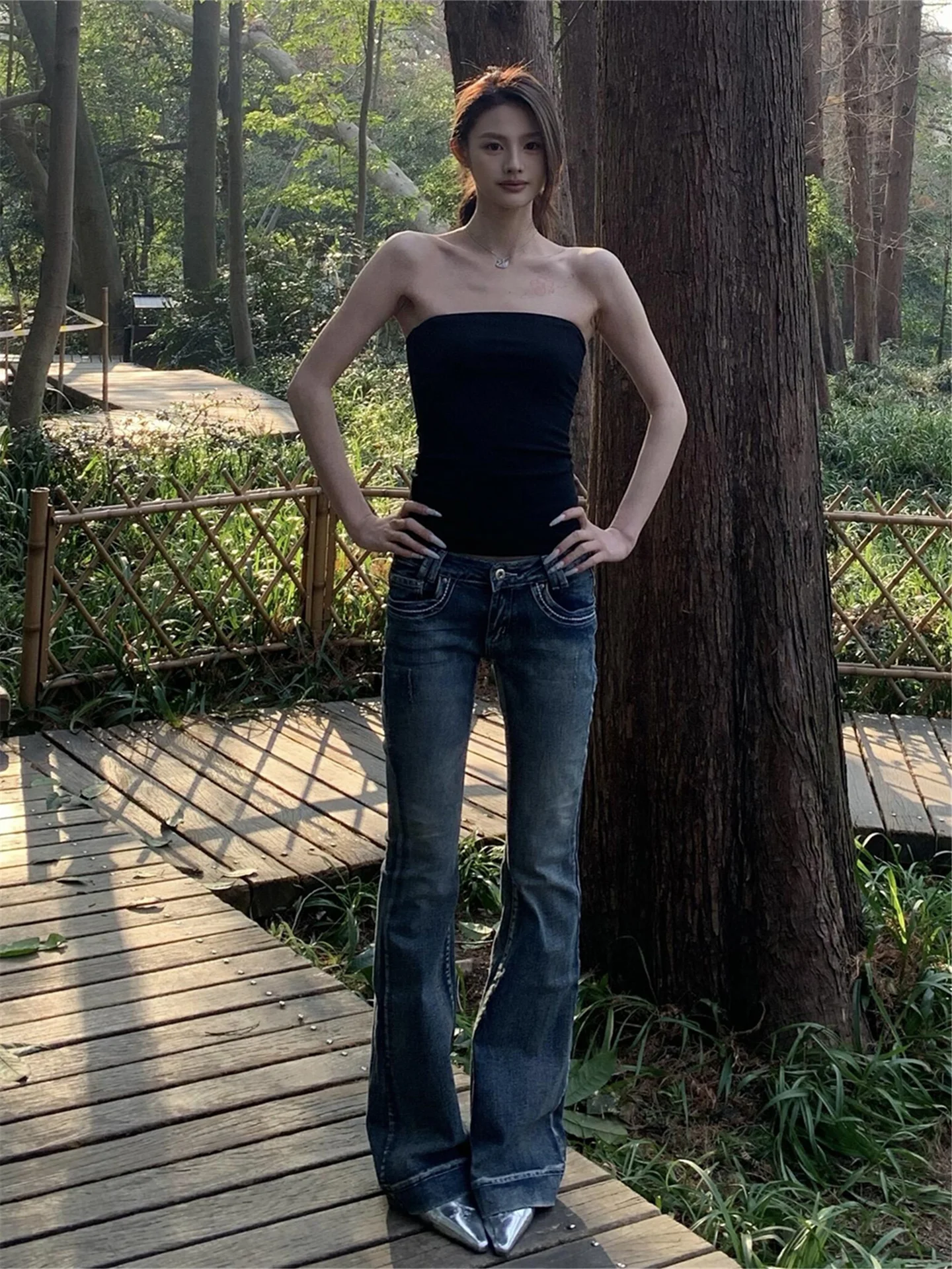 

Женские джинсы-клеш с низкой посадкой, облегающие, весенний дизайн, выцветшие, темно-синие, повседневные, из хлопка, средней эластичности