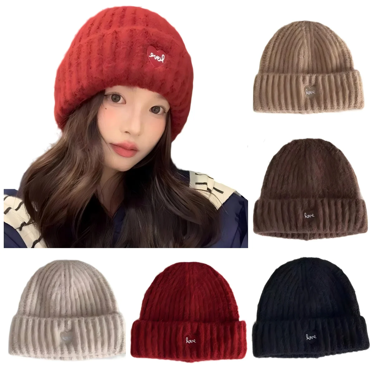 Fall Winter Wool Cashmere Knitted Hat for Women Girls Warm Ear Protection Letter Love Heart Embrodery Beanies Skullies For Men