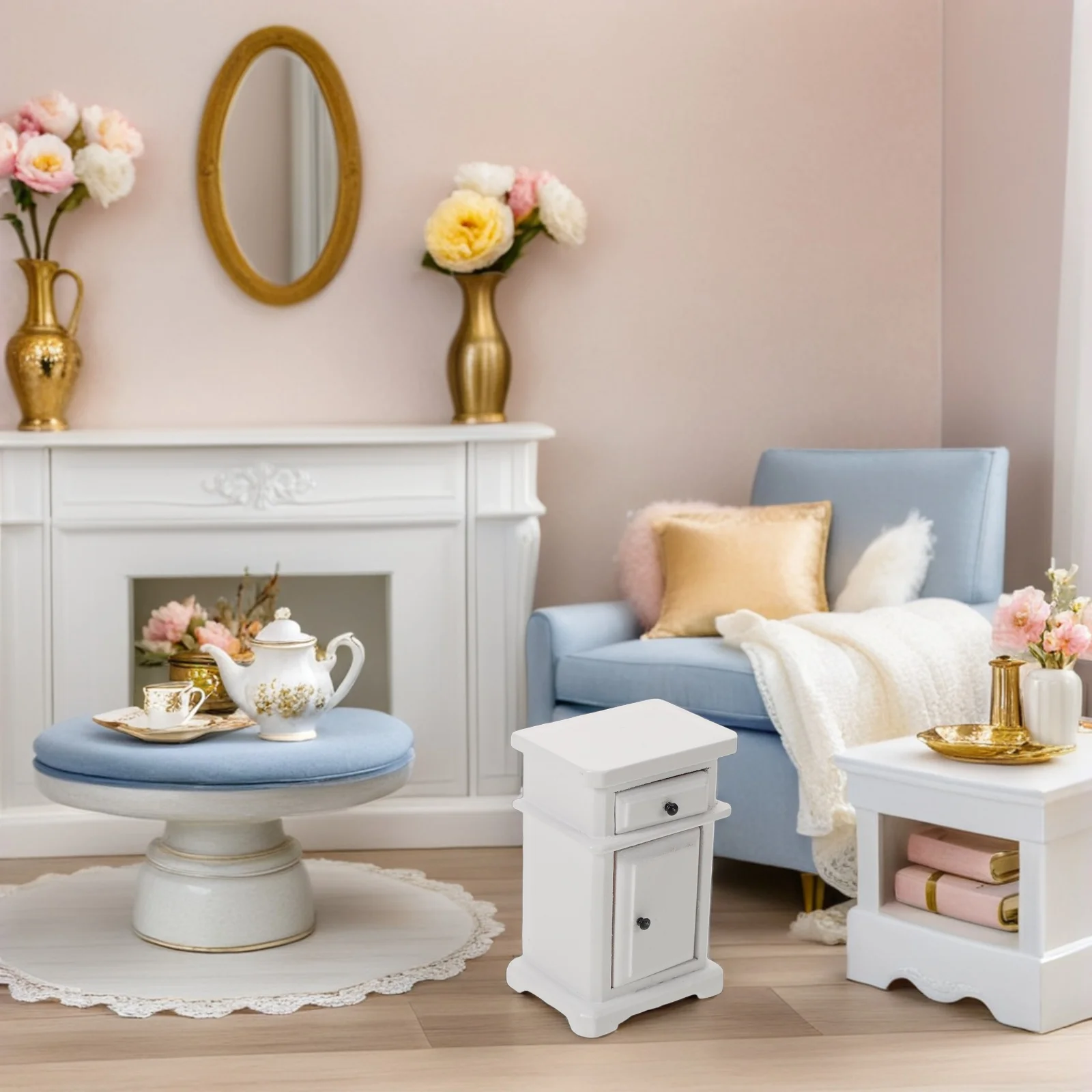 

House Mini Furniture Dollhouse Nightstand Bedroom Miniature Decorations End Tables White Pretend Play Toy Side Cabinet