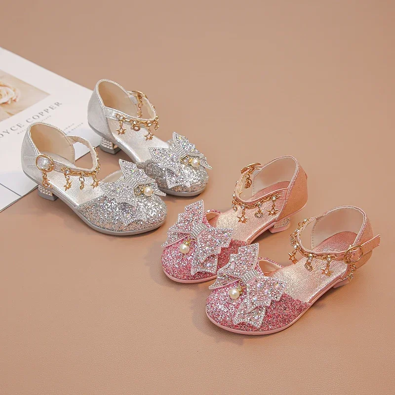 

Girls High Heeled Leather Shoes High Heels for Wedding Party Glitter Rhinestone with Bow-knot Kids Dress Pendant Bling Sparkling