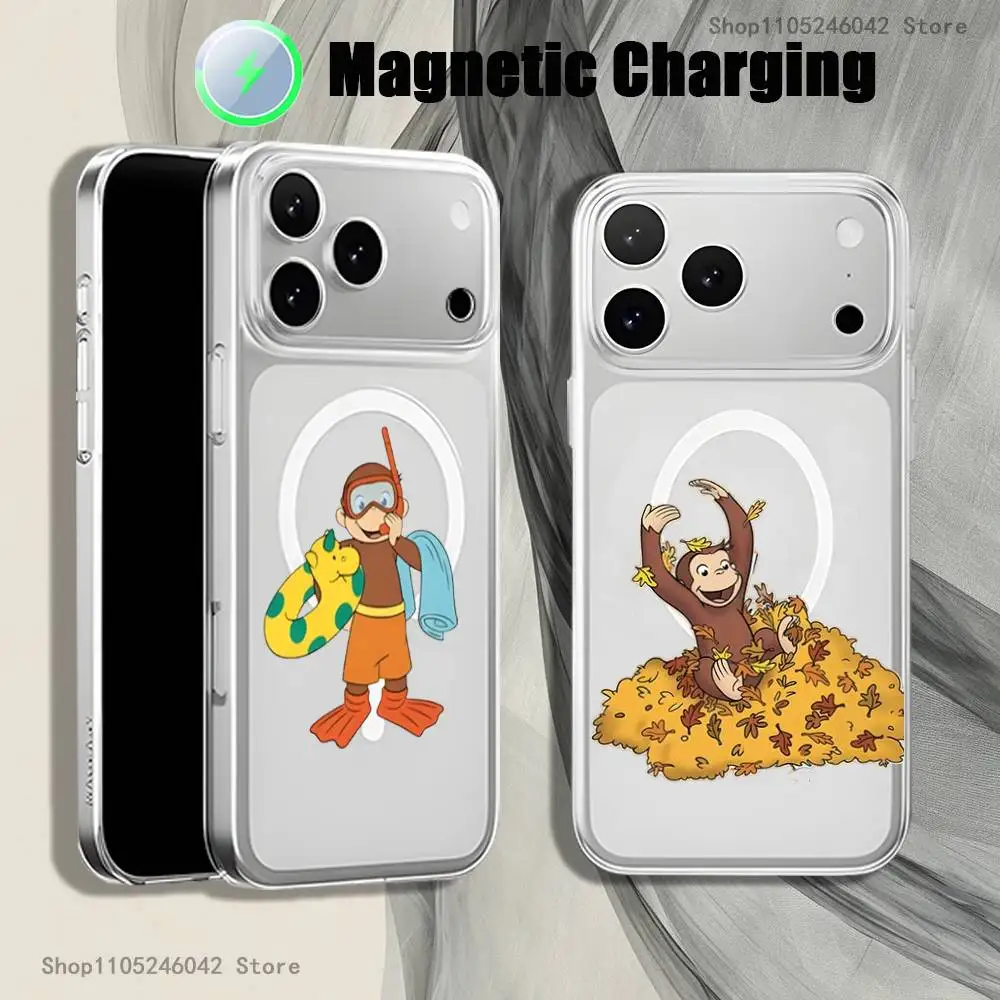 

Curious George Monkey Transparent White Phone Case For iPhone 17,16,15,14,13,12,11,Pro,Max,Plus Magnetic Wireless Charging