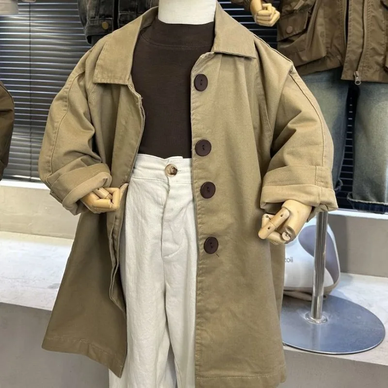 

Весенне-осенний новый однотонный повседневный плащ для мальчиков и девочек, детская модная ветровка средней длины, детская однобортная одежда