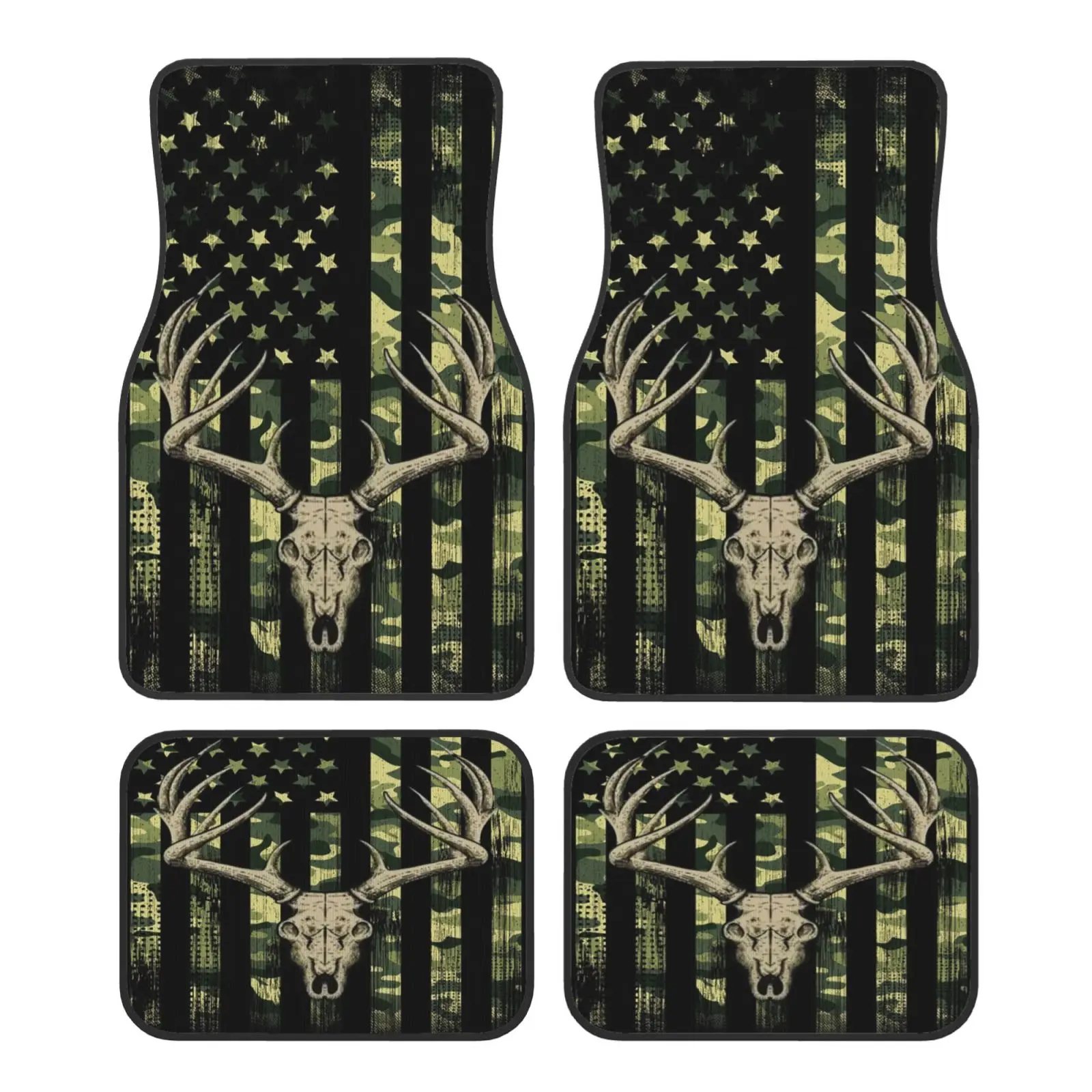 Camo Camouflage American Flag Hunting Deer Car Floor Mats Durable Car Carpet Mat 4pcs with Anti-Slip Backing Fit for SUV Trucks