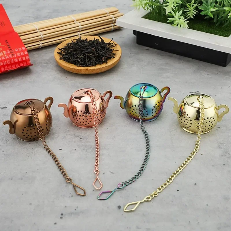 Metal Tea Strainer Teapot Shape Loose Tea Stainless Steel Infuser Leaf Tea Maker Strainer Chain Drip Tray Herbal Spice Filter