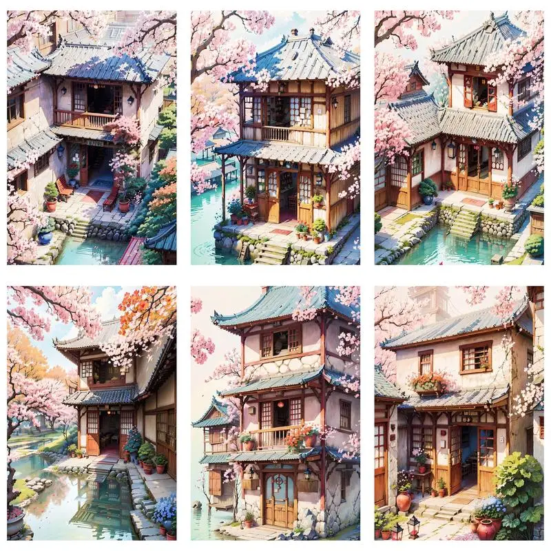

CHENISTORY Coloring By Number House Landscape Kits DIY Painting By Numbers Flower Tree Drawing On Canvas HandPainted Home Decora