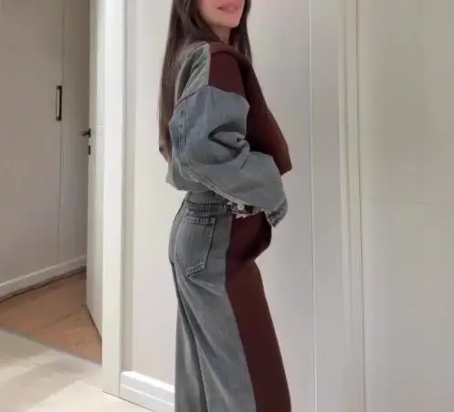 

Autumn 2025 Women's Personalized Round Neck Contrasting Splicing Short Crop Top T-Shirt and High Waisted Straight Leg Pants Set