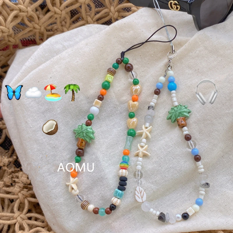 New Summer Beach Starfish Coconut Tree Acrylic Beaded Phone Chain Strap Anti-Lost Phone Charm Camera Phone Lanyard Accessories