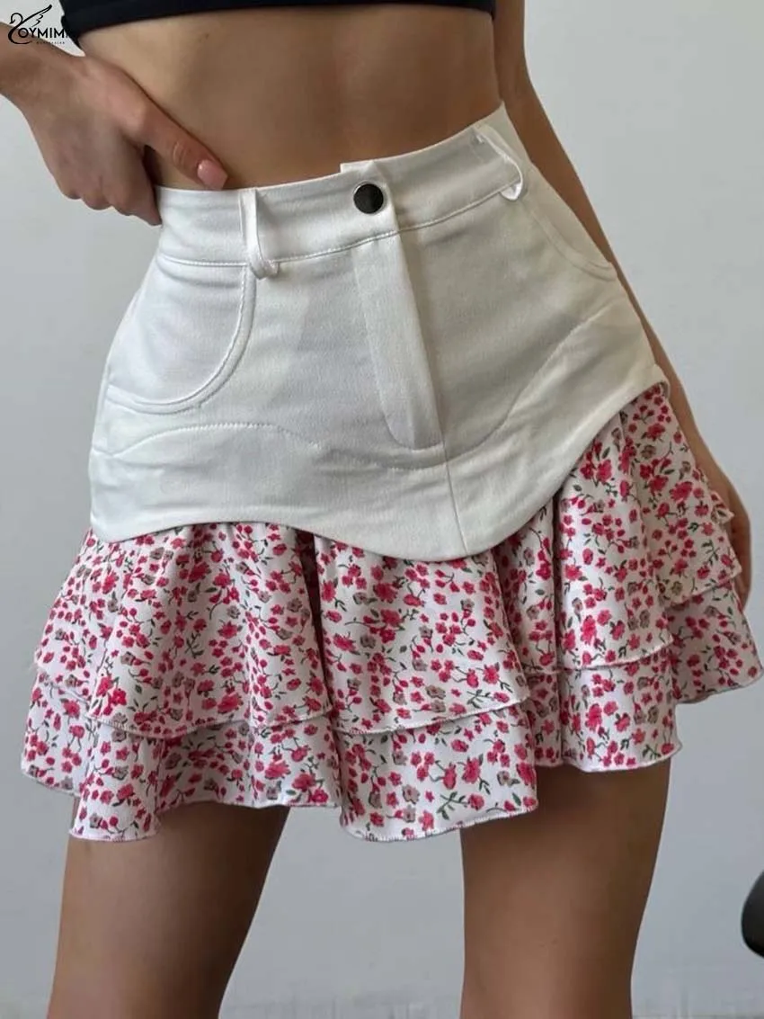 Oymimi Fashion Red Print Women's Skirts Elegant High Waist Button Patchwork Skirts Autumn Zipper Pleated Mini Skirt Streetwear
