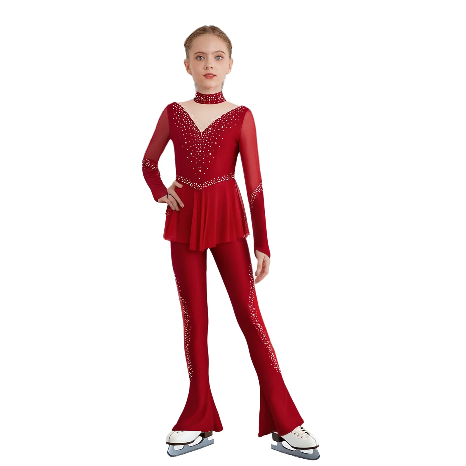 

Kids Girls Gymnastics Figure Skating Performance Costume Mesh Patchwork Shiny Rhinestones Bell-Bottom Peplum Bodysuit Jumpsuit