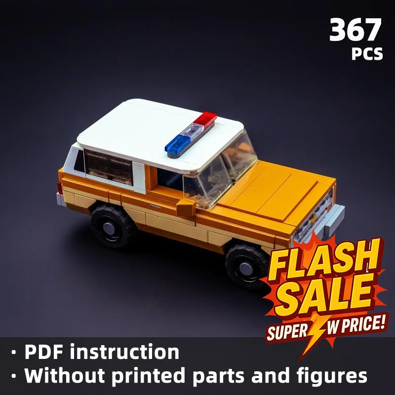 Building blocks create a retro off-road police car with an orange and white color scheme, giving it a classic police car feel
