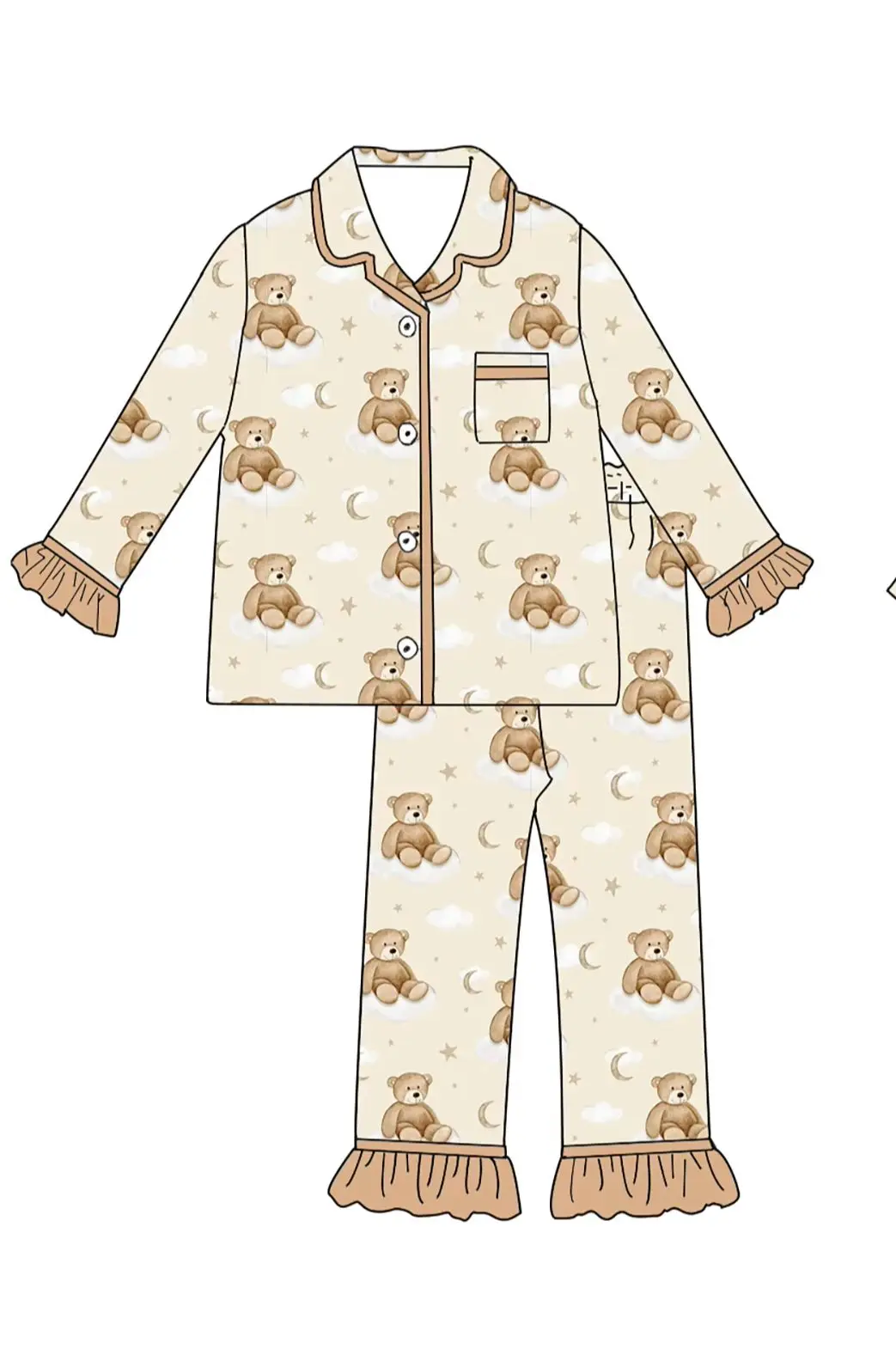 Kids Cartoon Bear Print Pajamas Set Baby Girl Clothing with Robe Matching Children's Sleepwear Outfits