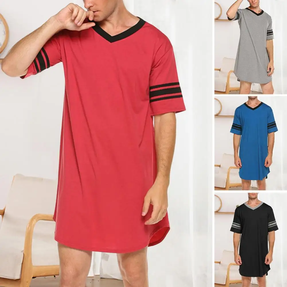 Soft Striped Print Sleeping Clothes Pullover Men Summer Top Irregular Hem Summer Homewear Robe Male Garment