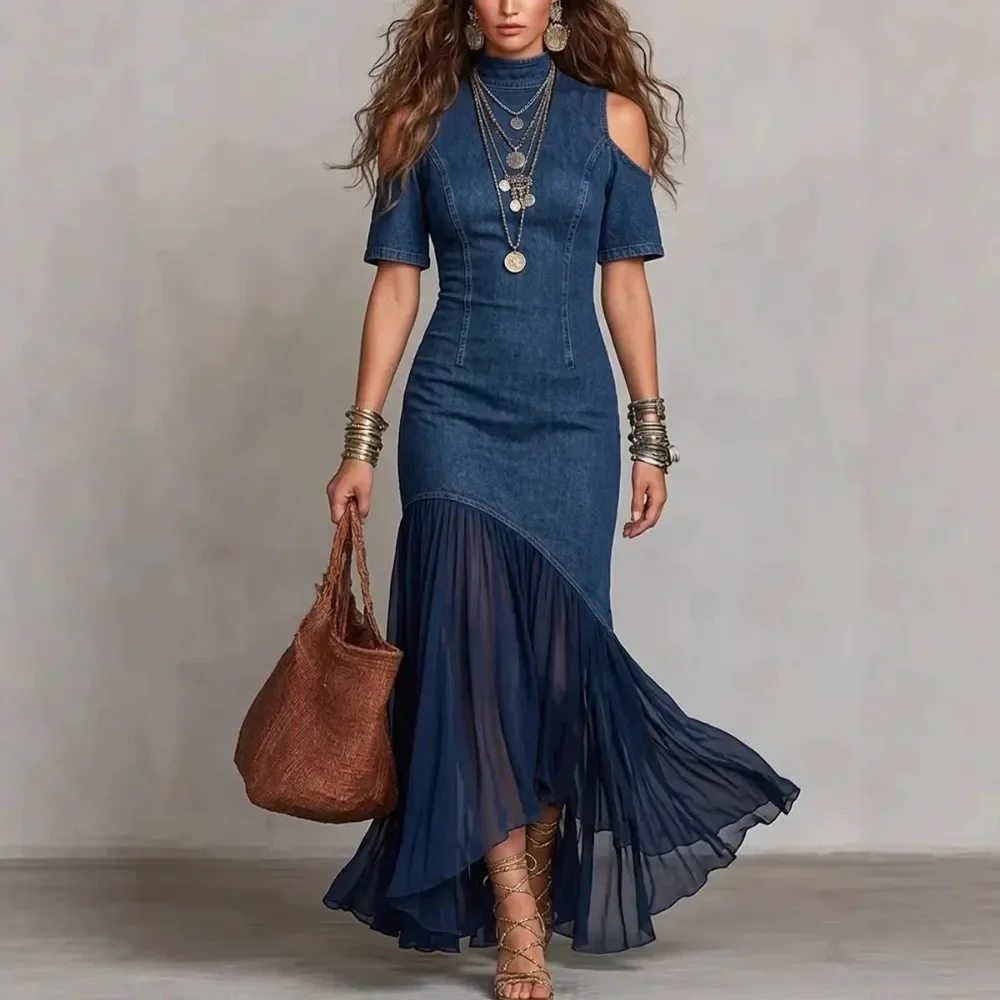 2026 Spring Summer Elegant Off Shoulder Short Sleeve French Mesh Hem Midi Dress Women