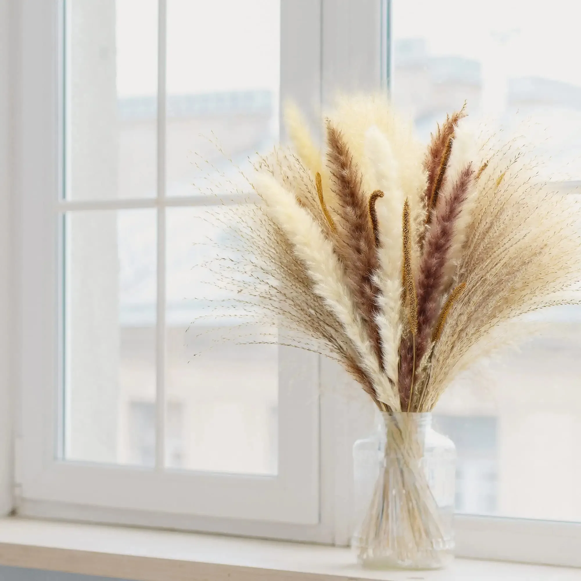 65Pcs Pampas Grass Decor,ดอกไม้แห้งจริง Pamaps หญ้าตกแต่ง Pampas ธรรมชาติ Fluffy Pompous หญ้า Boho ห้องครัวตกแต่งห้องนั่งเล่น