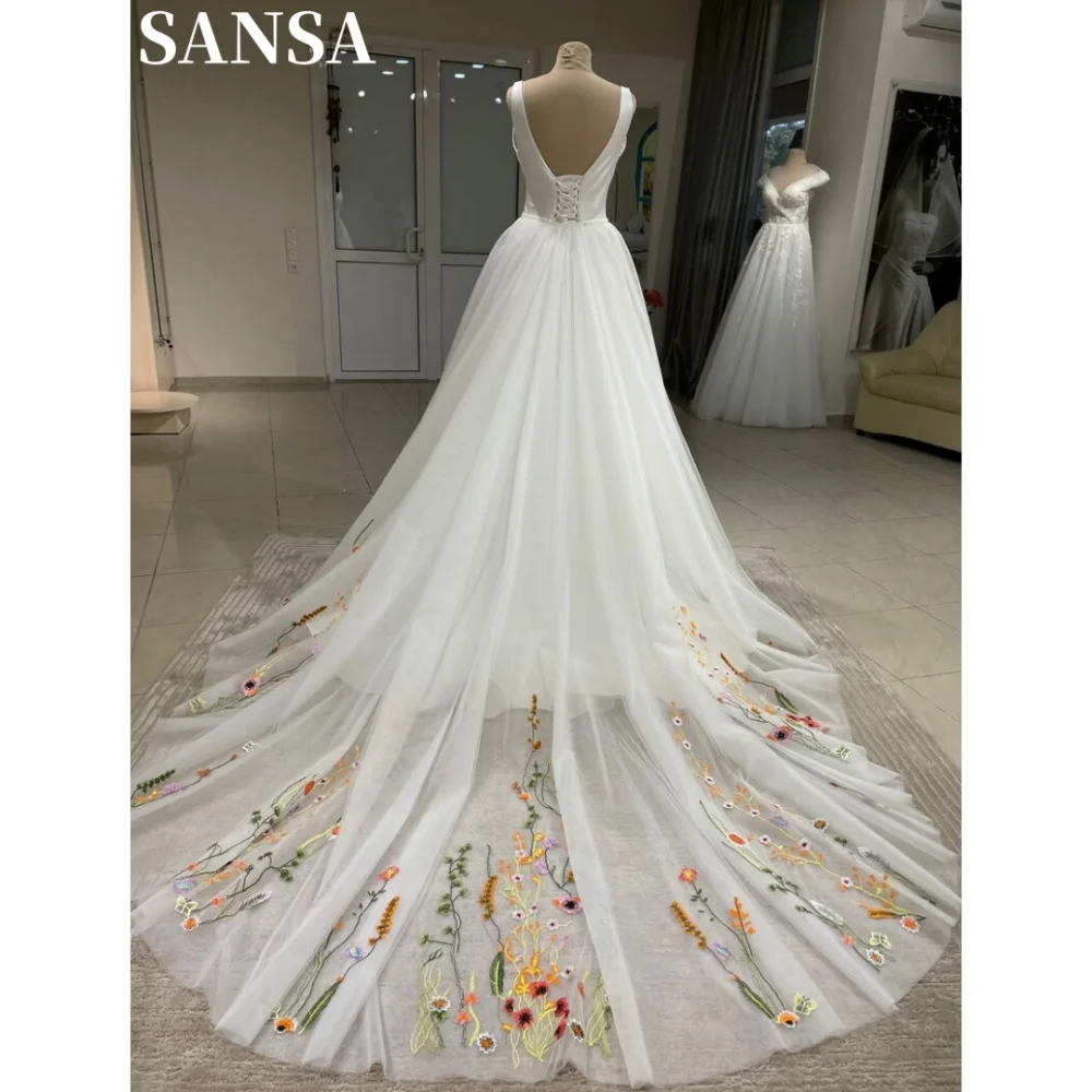 Sansa Elegant A-Line Floral Lace Prom Dress Customized Floor-Length V Neck Wedding Dress Long Removable Tail Vestidos De Fiesta