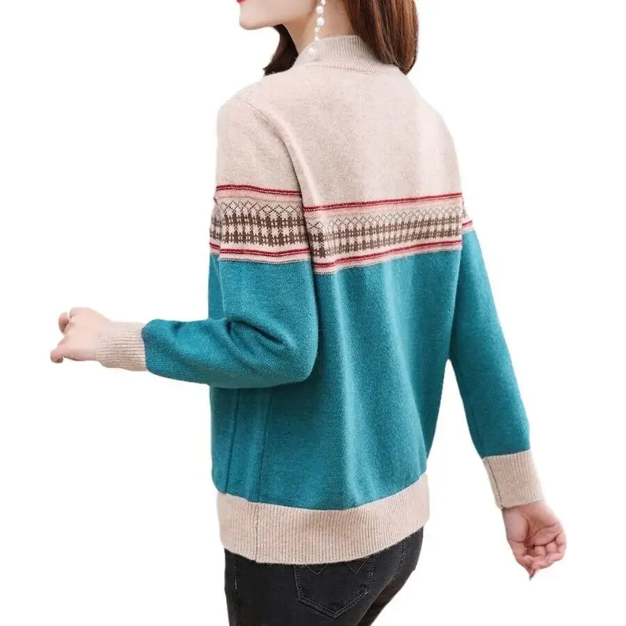 Office Lady Sweaters Simplicity Printing Patchwork Pocket Zipper Casual Fashion Loose Long Sleeve Temperament Women\'s Clothing