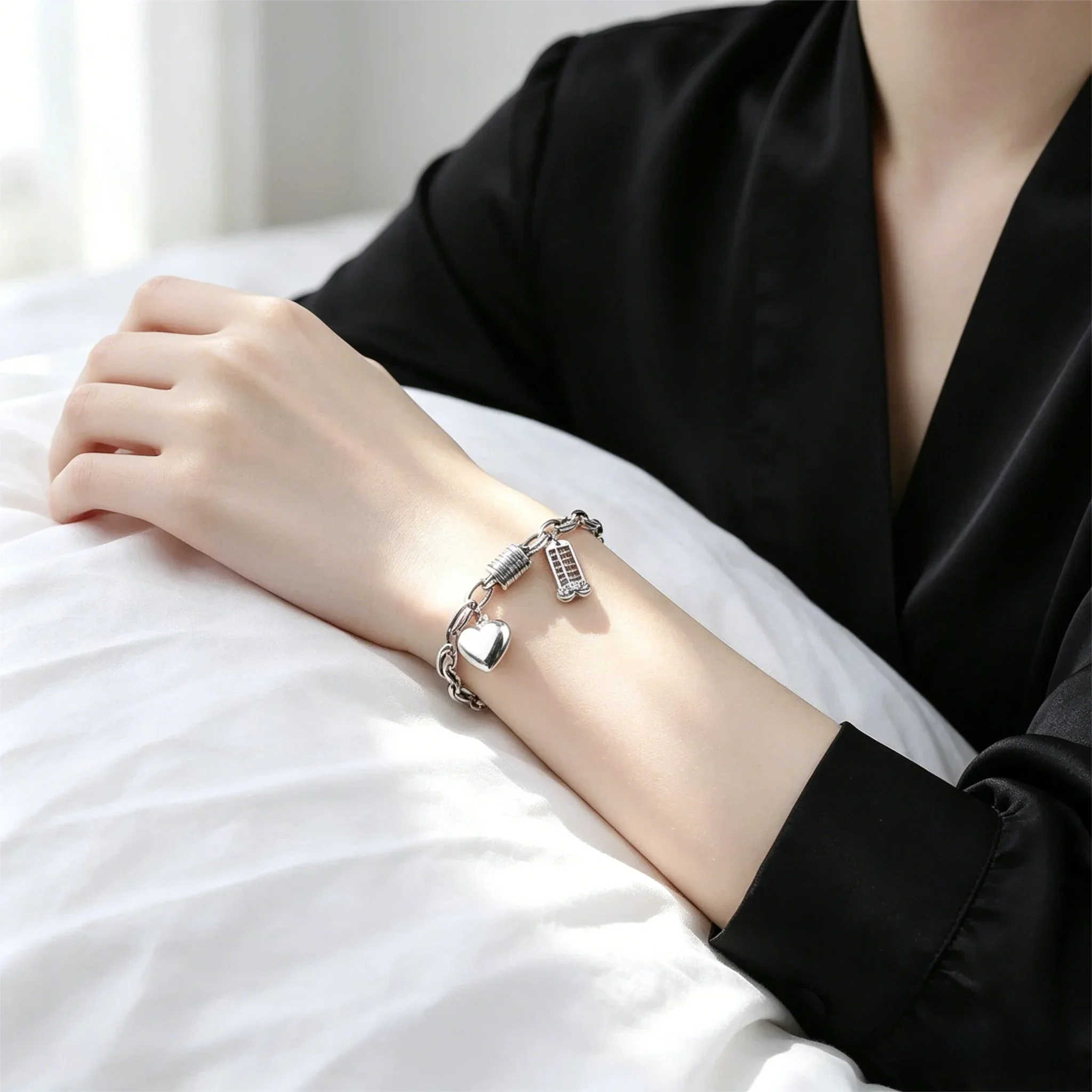 925 Silver Retro Heart Bracelet, Engraved Cylinder Bead and Textured Square Tag, Korean Ins Trendy Chain Jewelry