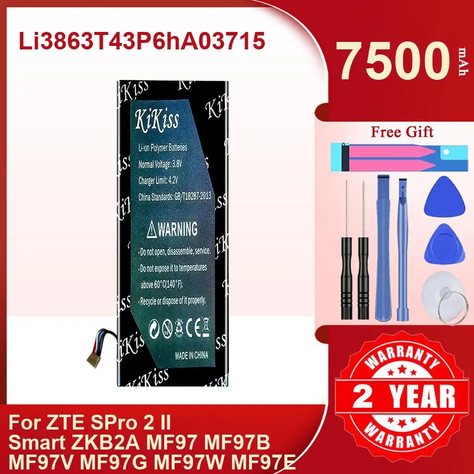 KiKiss Battery For ZTE S Pro 2 II ZKB2A MF97 MF97B MF97V MF97G MF97W MF97E,Li3863T43P6hA03715,7500mAh