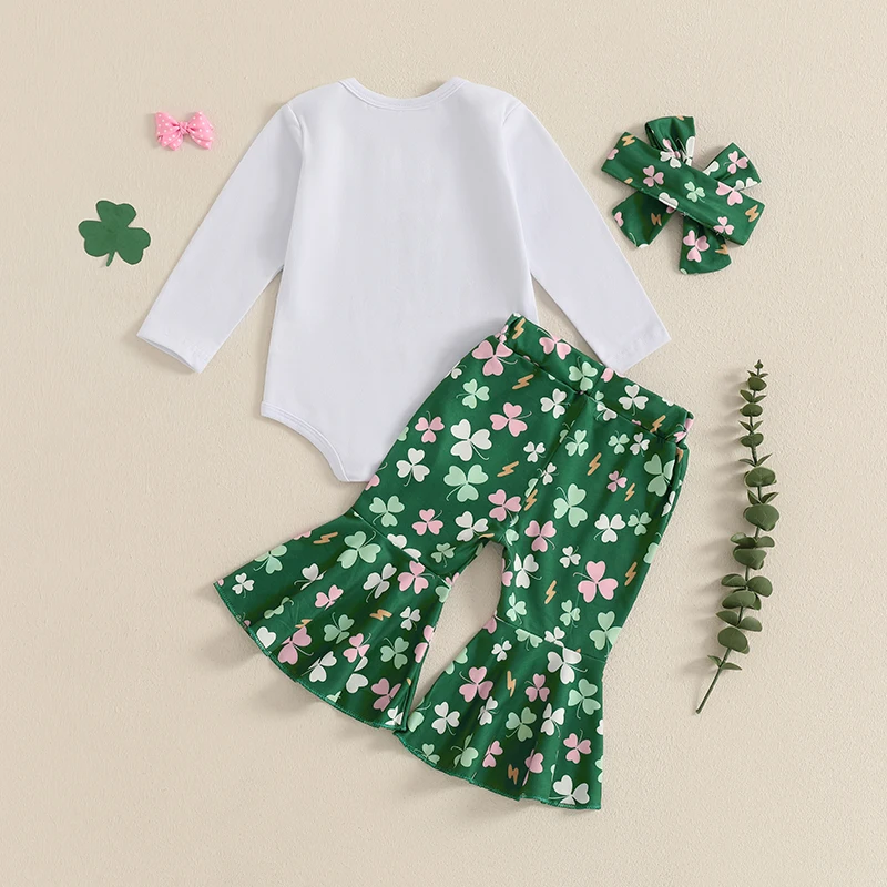 OPPERIAYA Infant Baby Girls Clothes Shamrock Letter Pattern Crew Neck Long Sleeve Romper with Flared Pants Bow Headband 3pcs Set