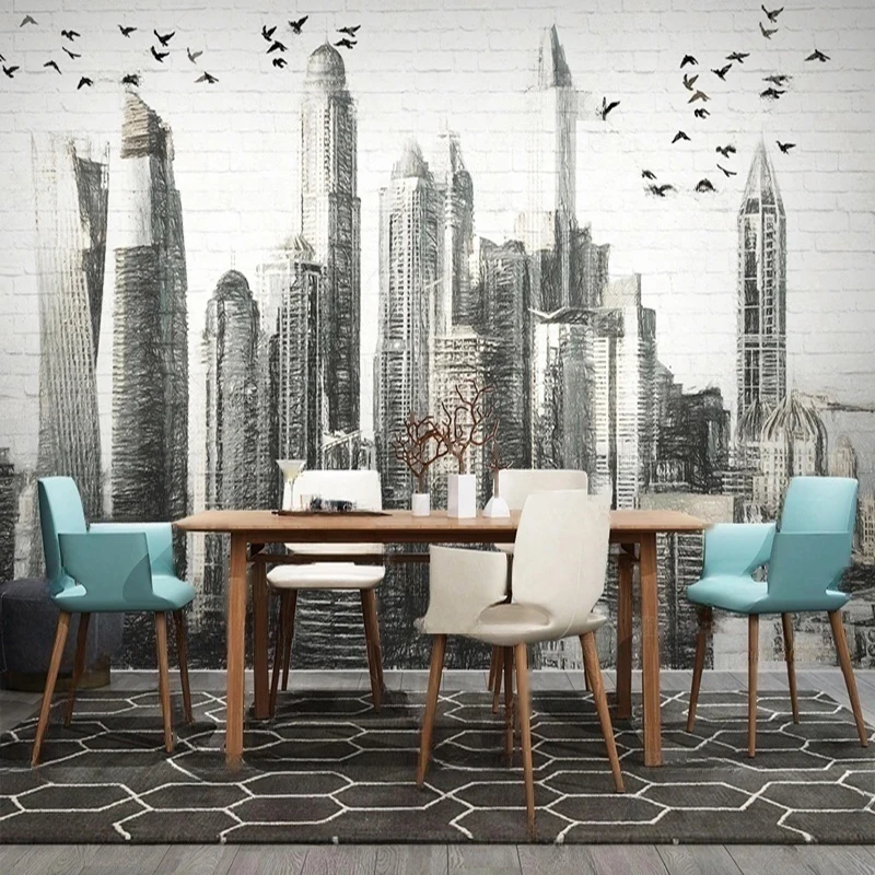 MU8781 Custom Hand-painted urban building brick walls, modern and simple TV background walls