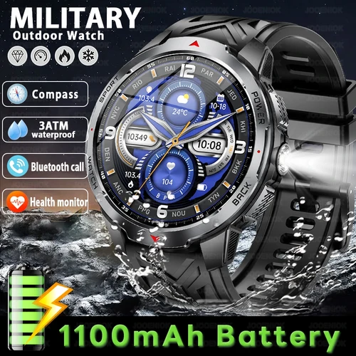 Reloj inteligente militar para exteriores de 1100mAh para hombre, reloj deportivo con brújula y pantalla grande de 1,7 pulgadas, resistente al agua IP68, reloj inteligente con llamadas Bluetooth