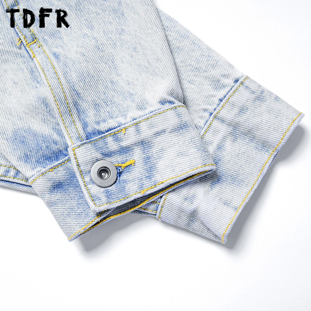 Kurtka jeansowa męska jesienno-zimowa, podstawowa, retro, codzienna, luźna, z klapami, długi rękaw, zapinana na jeden guzik, kurtka kowbojska, odzież wierzchnia męska.