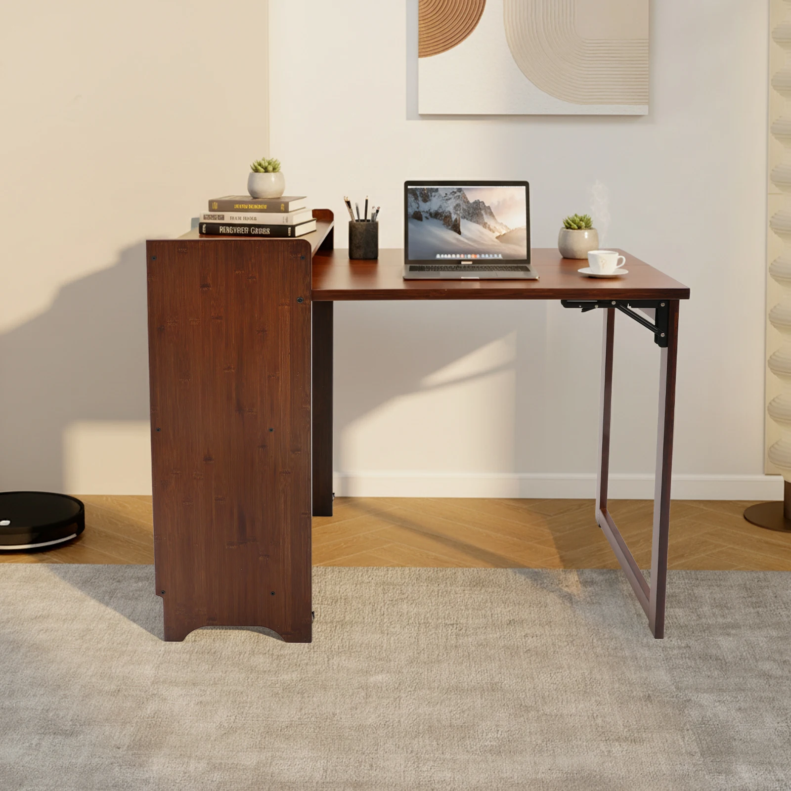 Home Office Hideaway Desk - Bamboe opklapbaar bureau met opbergplanken, boekenkast