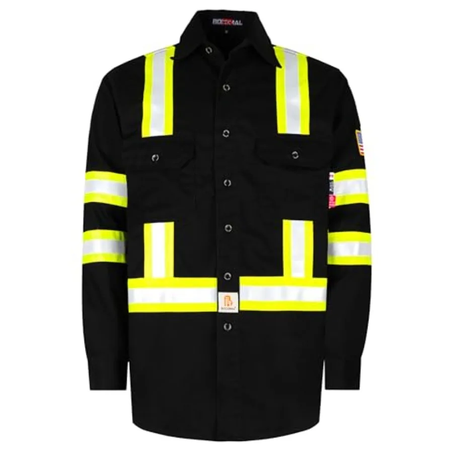 

BOCOMAL FR Shirts High Visibility Button Down 7.5oz ANSI/ISEA Type O Class1 Flame Resistant Hi Vis Refective Safety Jacket