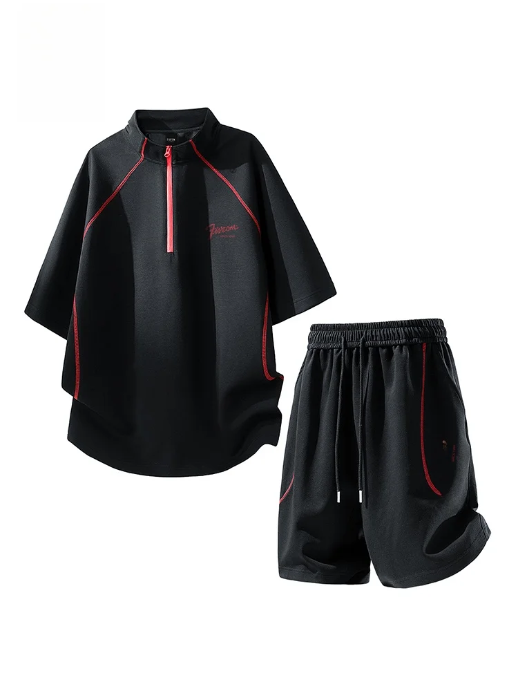 ensemble-decontracte-homme-five-cm-color-block-line-demi-zip-manches-courtes-short-coupe-ample-sport-deux-pieces-fibre-de-polyester-ete