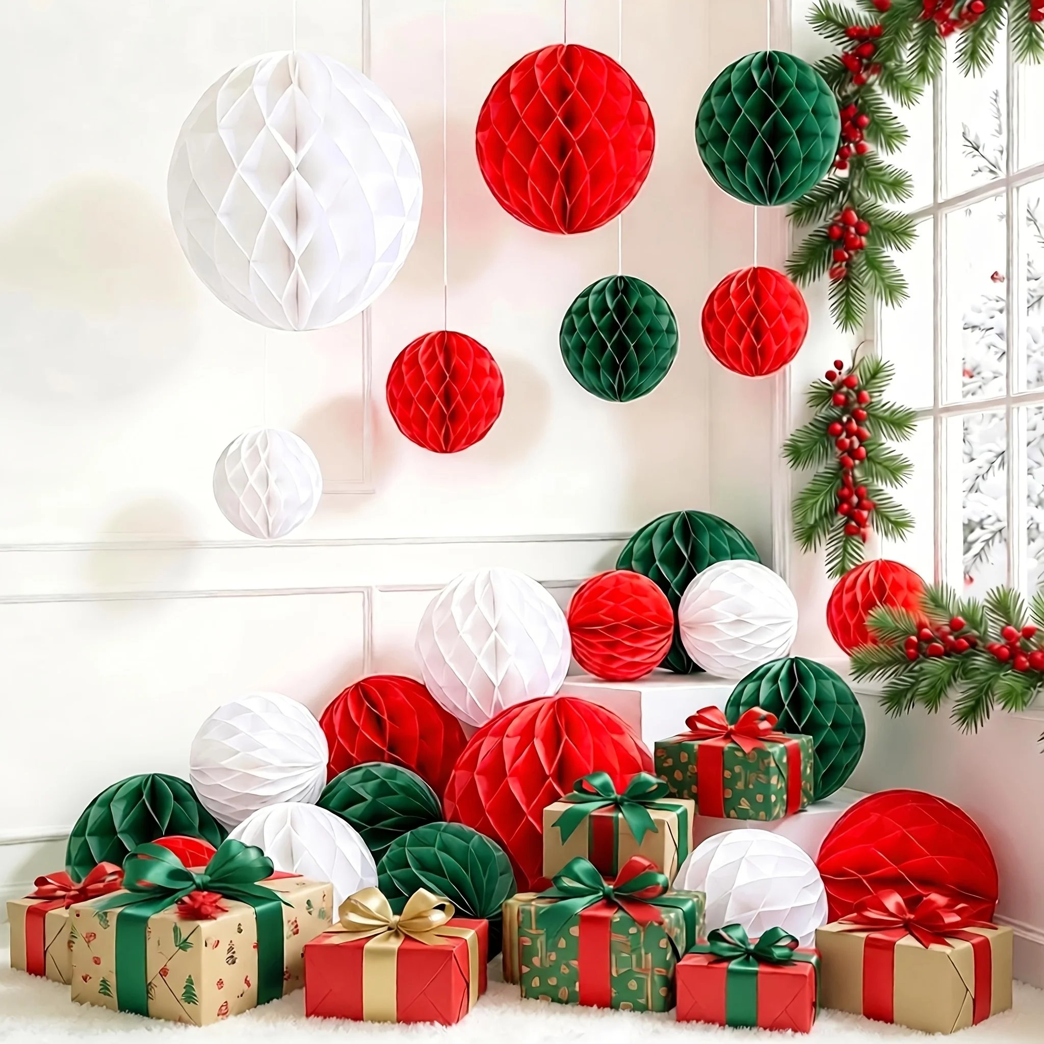 27Pcs 6Inch Red White Green Honeycomb Paper Ball Christmas Hanging Decor