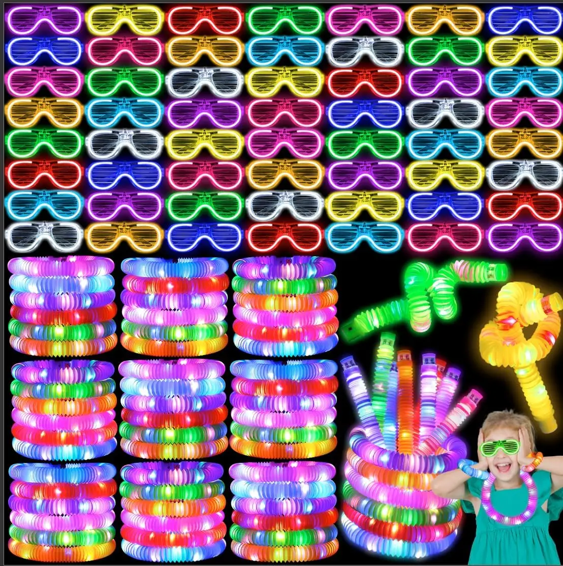 

60 Pcs Glow in the Dark Party Supplies with LED Light Up Glasses, Sticks, and Accessories for Birthday Wedding Celebrations