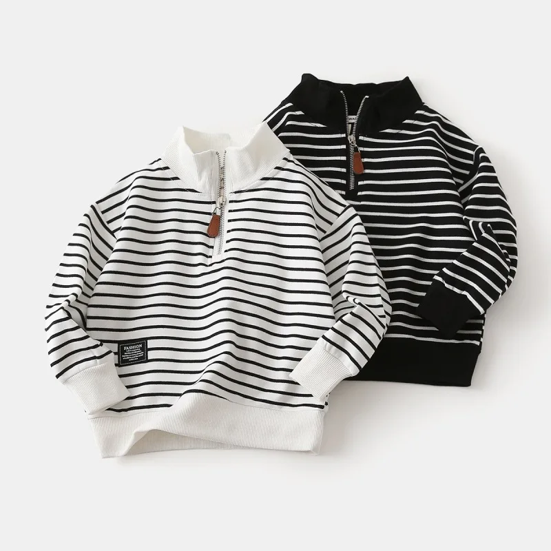 Spring Casual Children Fashion Hoodless Clothing Boys Striped High Neck Sweatshirts Autumn Sports Kids Sweatshirts 2-8 Years