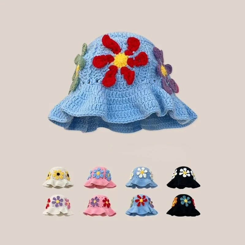 New Japanese Retro Crochet Flower Bucket Hat Women Sweet Versatile Kniting Hat Girls Korea Ins Fashion Hollowed Out Beanies