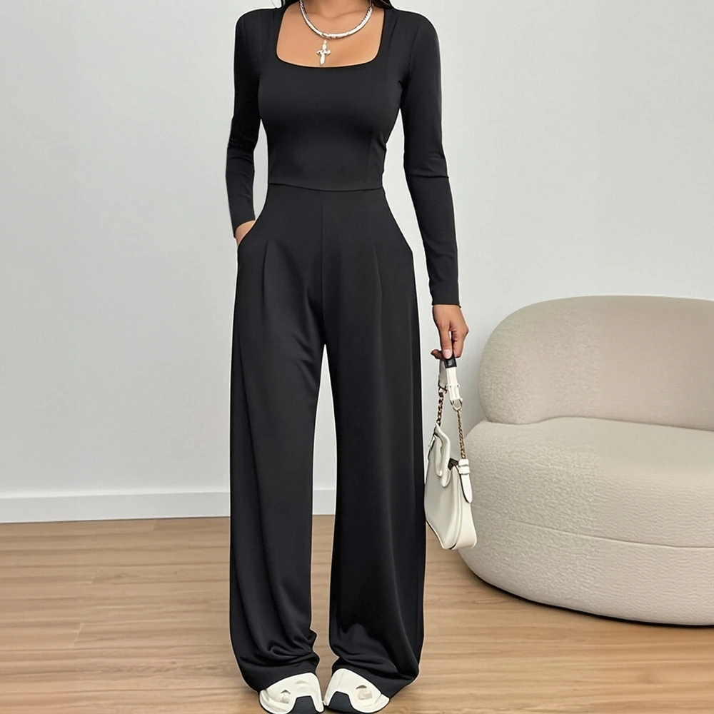 

Женские повседневные осенние комбинезоны с длинным рукавом и квадратным вырезом, длинная длина, прямые, облегающие, повседневные, однотонные