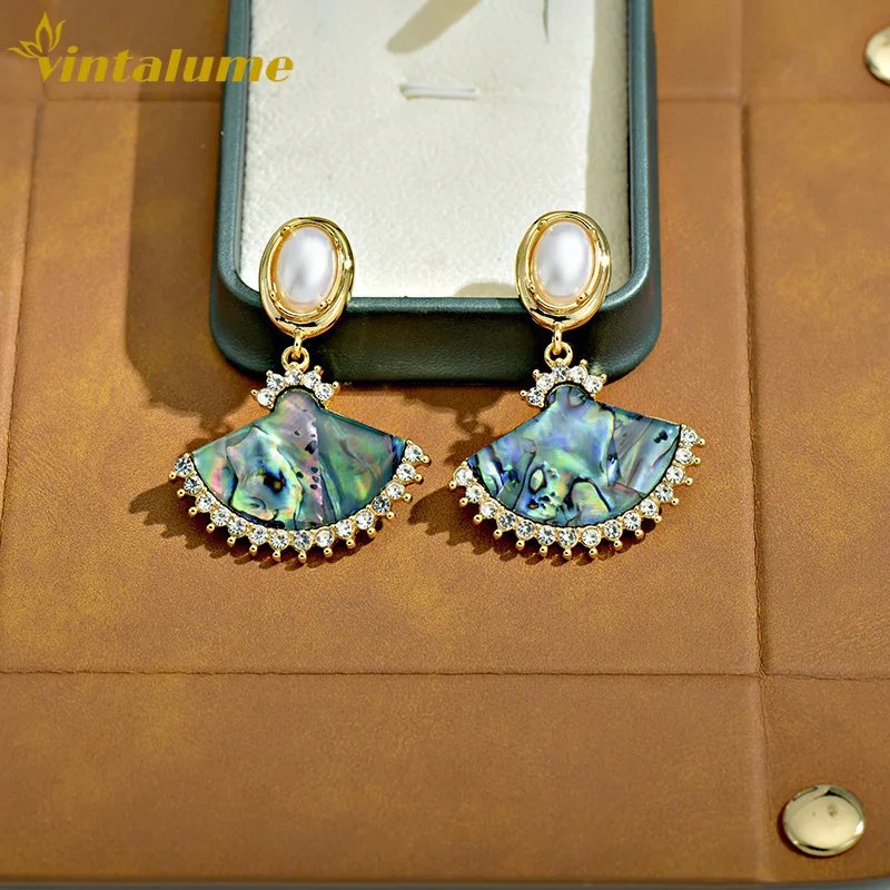 

Серьги-подвески Vintalume в форме веера из перламутра для женщин, позолоченные, с искусственным жемчугом и фианитами, роскошные эффектные украшения