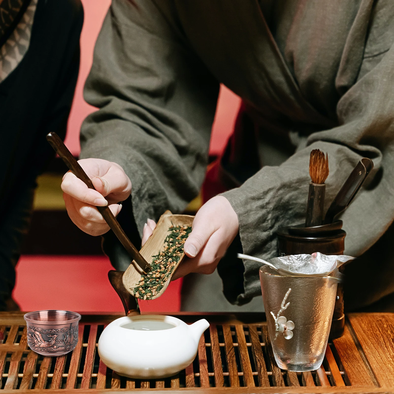 

Dragon Phoenix Tea Cup Decorative Ceramic Chinese Feng Retro Zinc Alloy Gongfu Small Size Drinkware Bronze Material