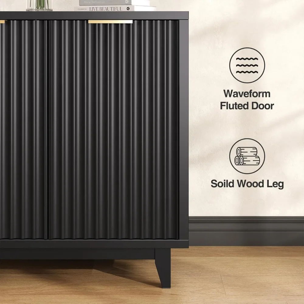 Modern Fluted Coffee Bar Cabinet with Removable Wine Rack and Adjustable Shelf, Solid Wood Legs, Multi-Functional Sideboard Buff