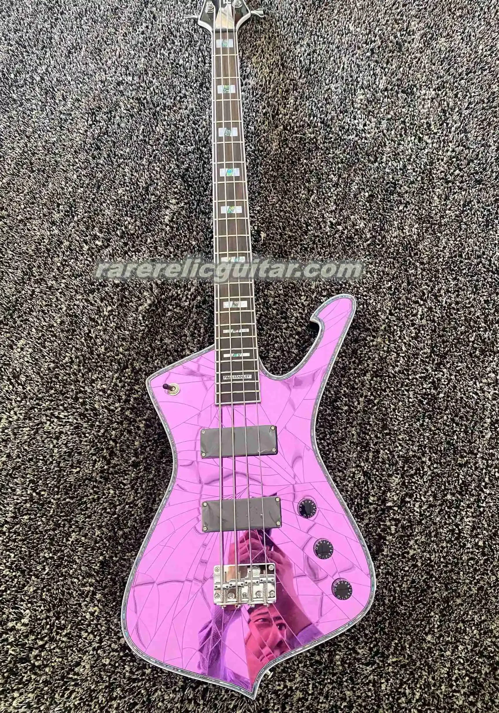 Custom 4 Strings Iceman Paul Stanley Purple Cracked Mirror Electric Bass Guitar Pearl Abalone Block Inlay Chrome Hardware