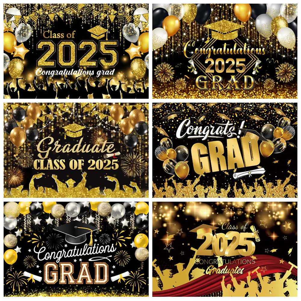 

2025 Graduation Ceremony Backdrop Class of 2025 Congratulation Bachelor Hat Black Gold Graduates Party Photography Background