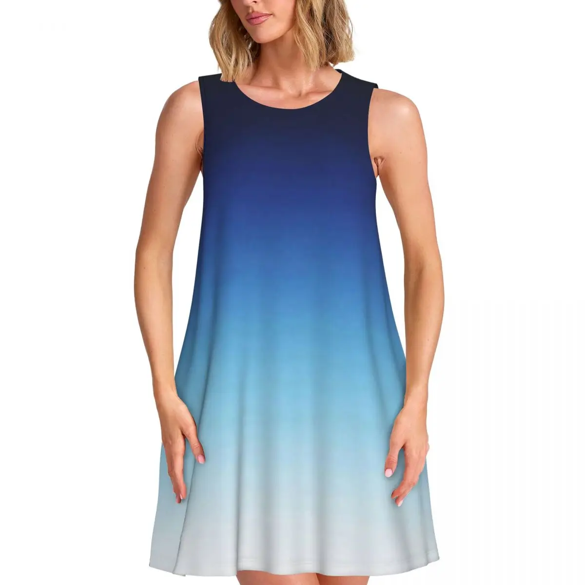Ombre Blue Dress Deep Blue To White Gradient Club Dresses Ladies Sleeveless Aesthetic Casual Dress Summer Print Oversize Clothes