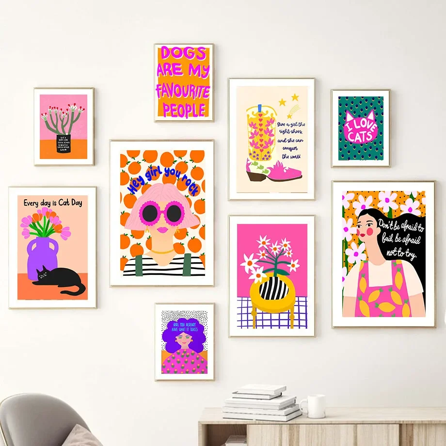 الرسم على لوحات القماش الجدارية نظارات فتاة الموضة إقتباس الملصقات والمطبوعات الملونة فن البوب غرفة المعيشة الديكور صور الاطفال المنزل